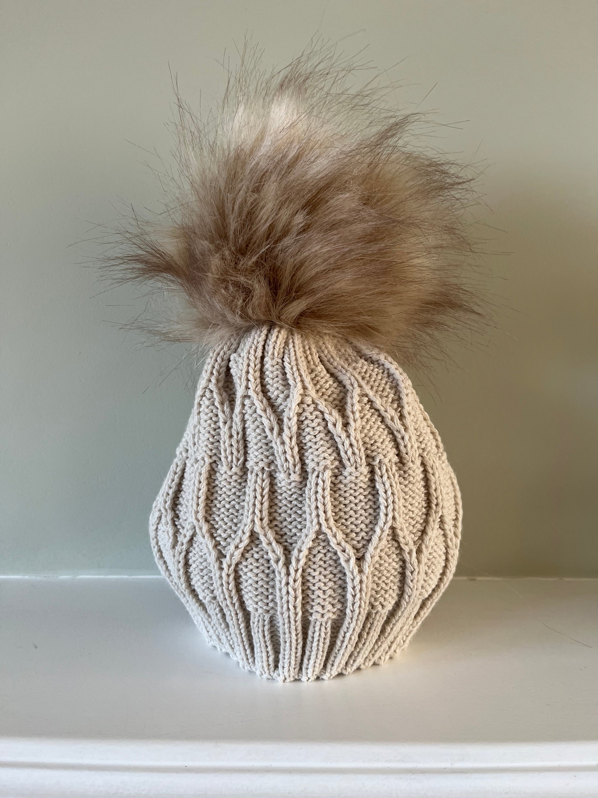 Biscuit Beige Knitted hat with Faux Fur Pom