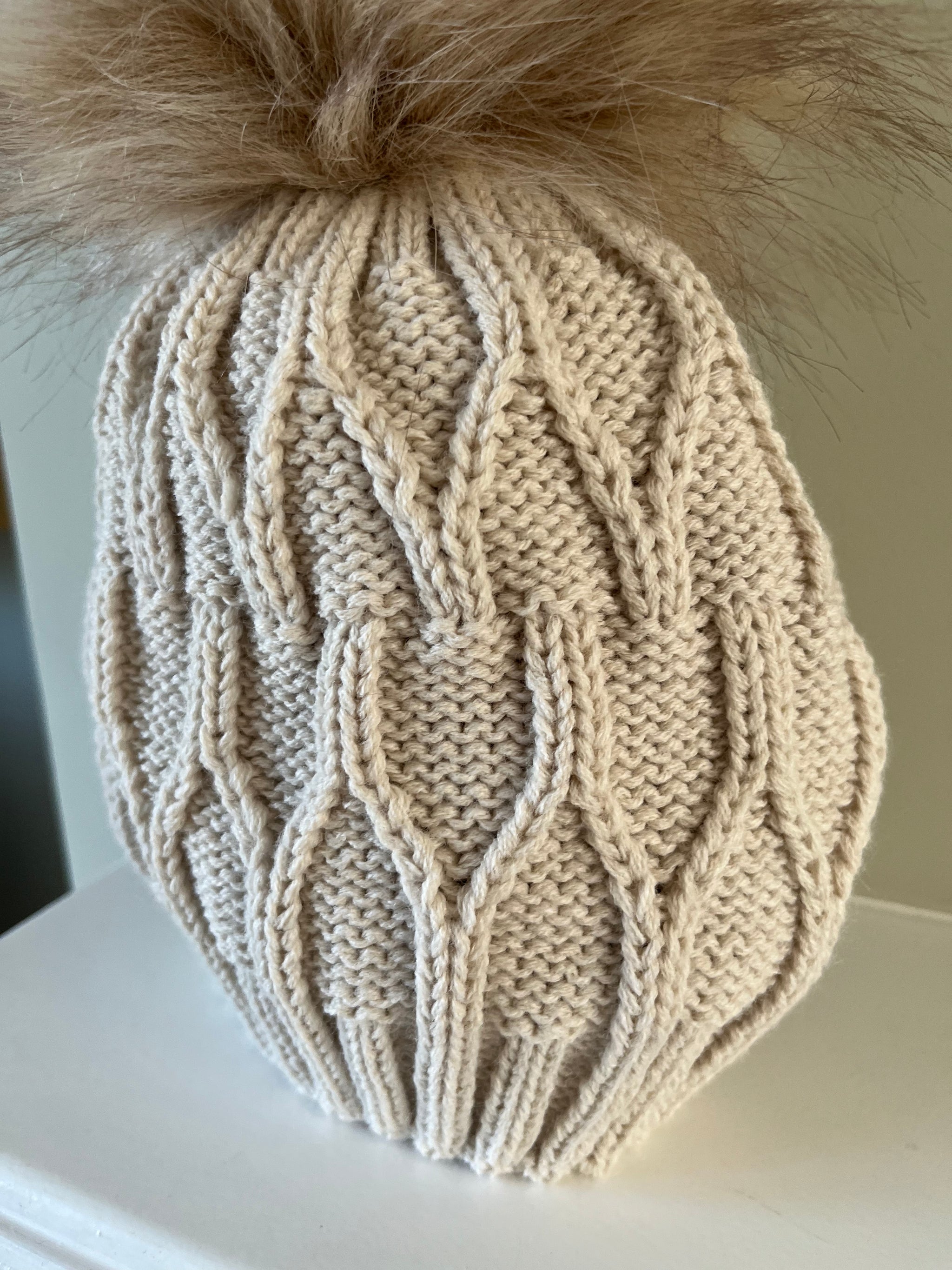 Biscuit Beige Knitted hat with Faux Fur Pom