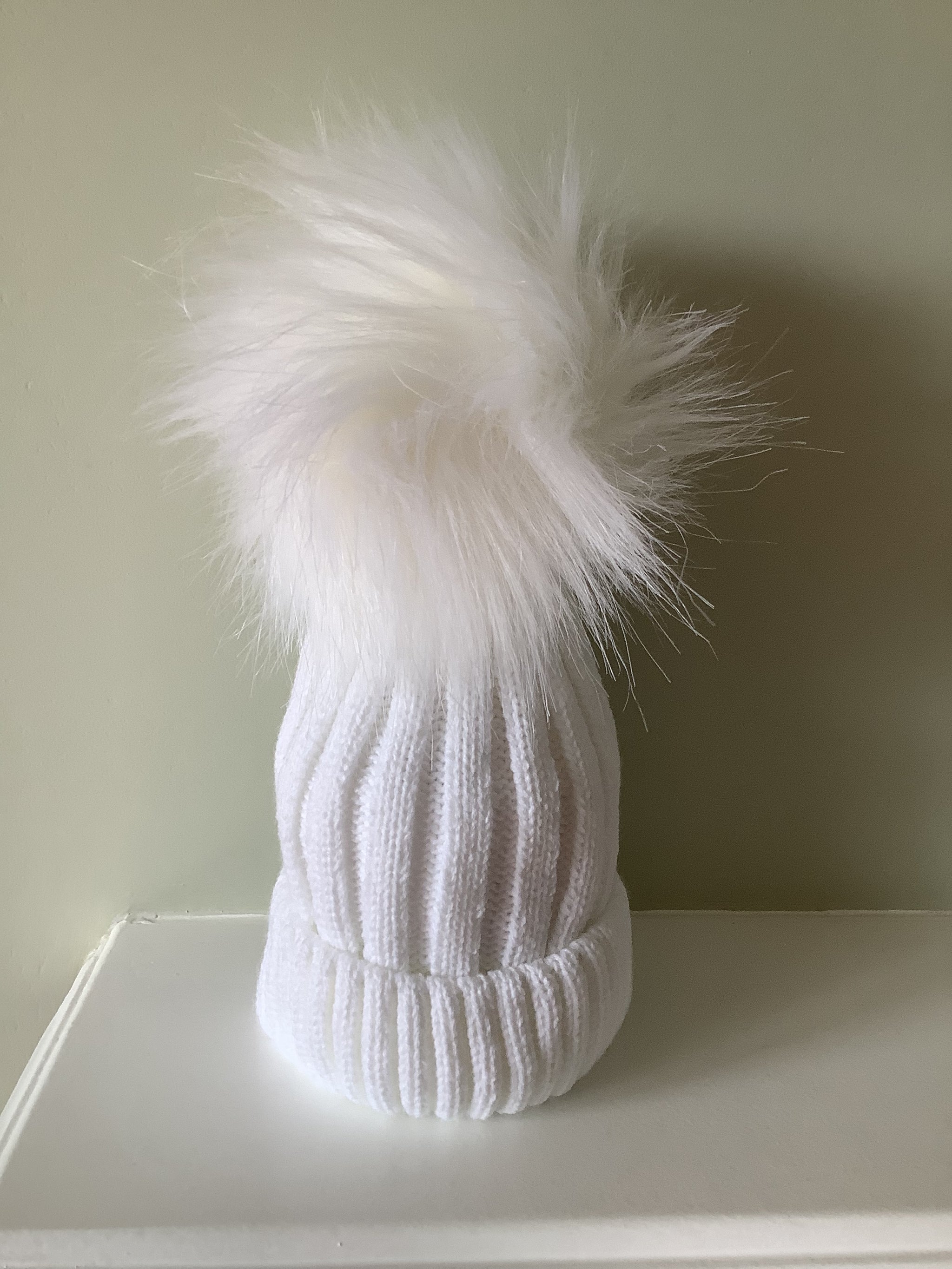 Baby White Faux Fur Pom Knitted Bobble Hat Cascade