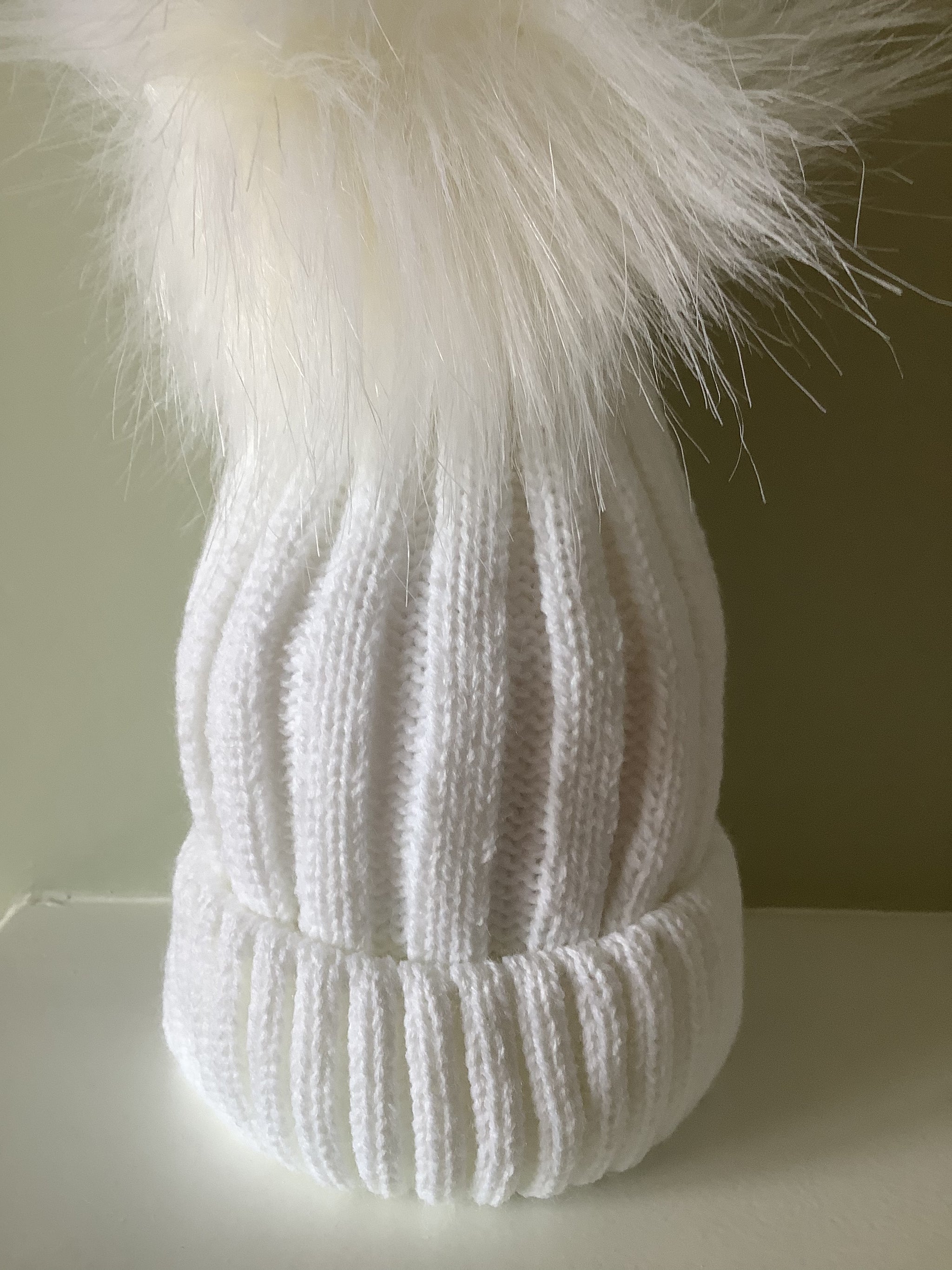 Baby White Faux Fur Pom Knitted Bobble Hat Cascade
