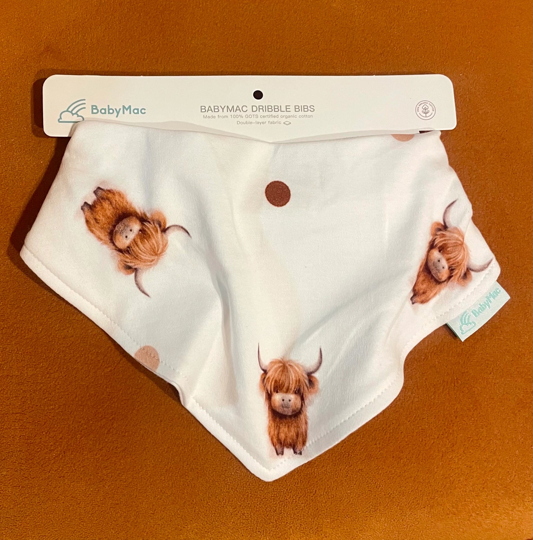 BabyMac Highland Cow Print Dribble Bib Organic Cotton