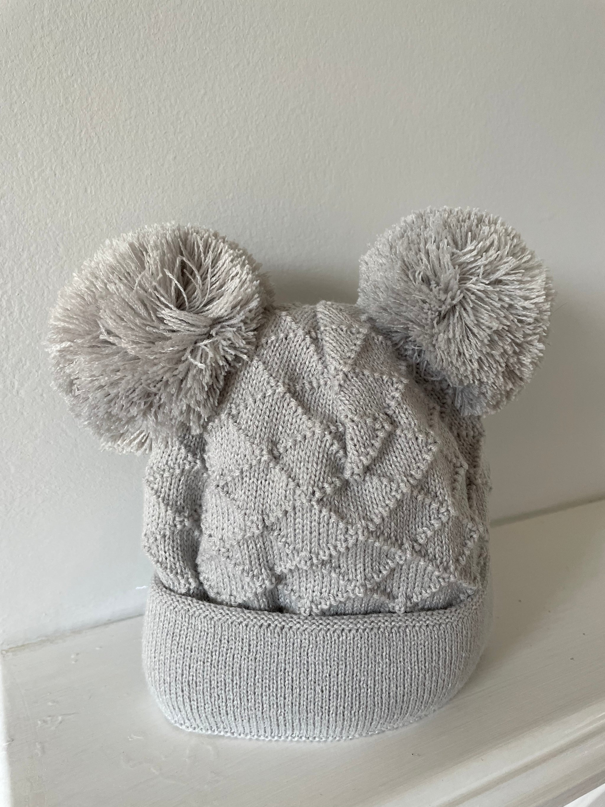 Baby Bobble Hat Grey Hopscotch Double Pom Knitted