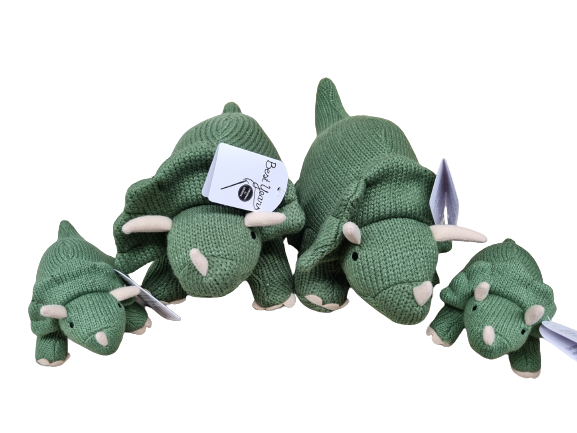 Dinosaur Baby Rattle, Knitted Moss Green Triceratops
