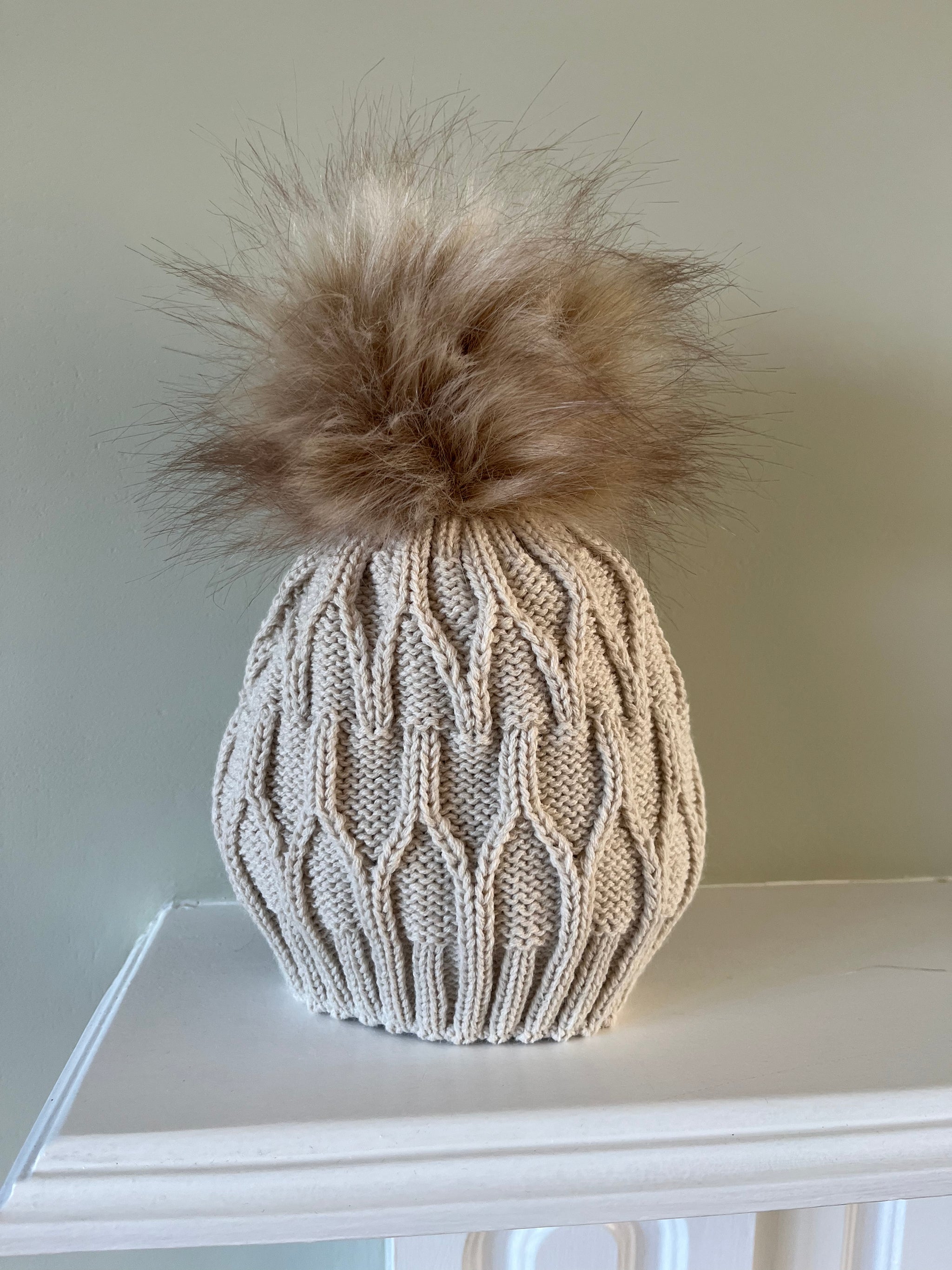 Biscuit Beige Knitted hat with Faux Fur Pom