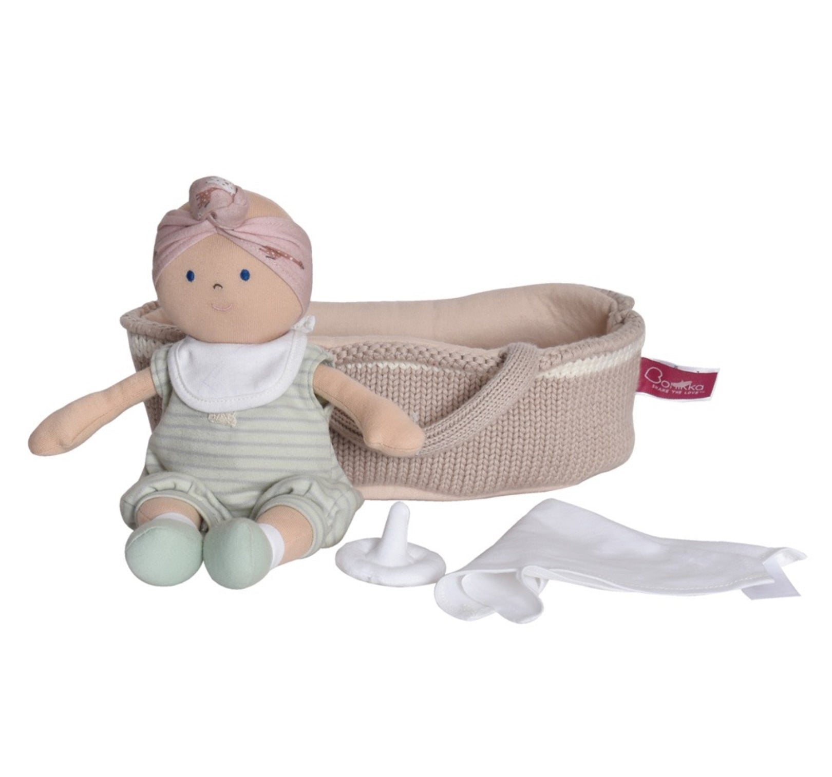 Baby Clara  Rag Doll, dummy, bib, blanket & knitted Carrycot Bonikka