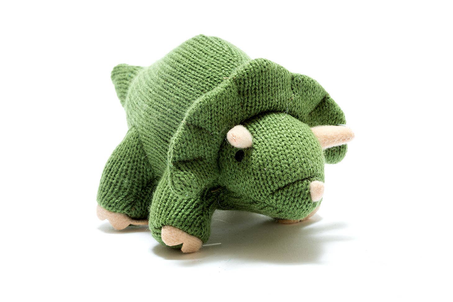Dinosaur Baby Rattle, Knitted Moss Green Triceratops
