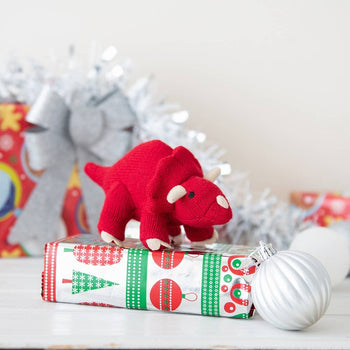 Dinosaur Baby Rattle, Knitted Red Triceratops Baby Toy