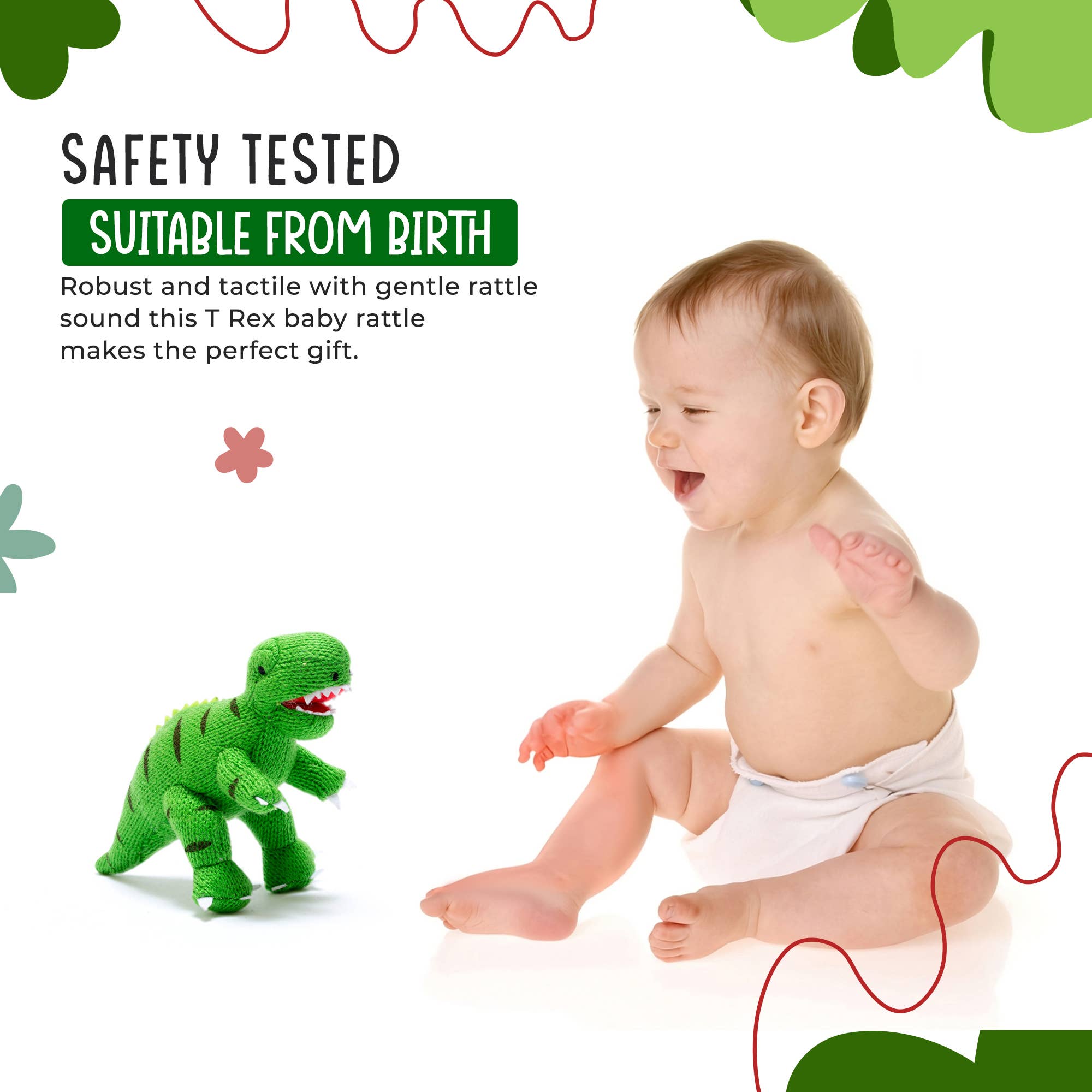 Dinosaur Baby Rattle Knitted T Rex Green