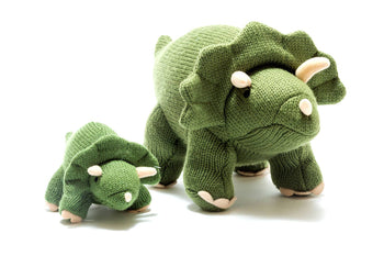 Dinosaur Baby Rattle, Knitted Moss Green Triceratops