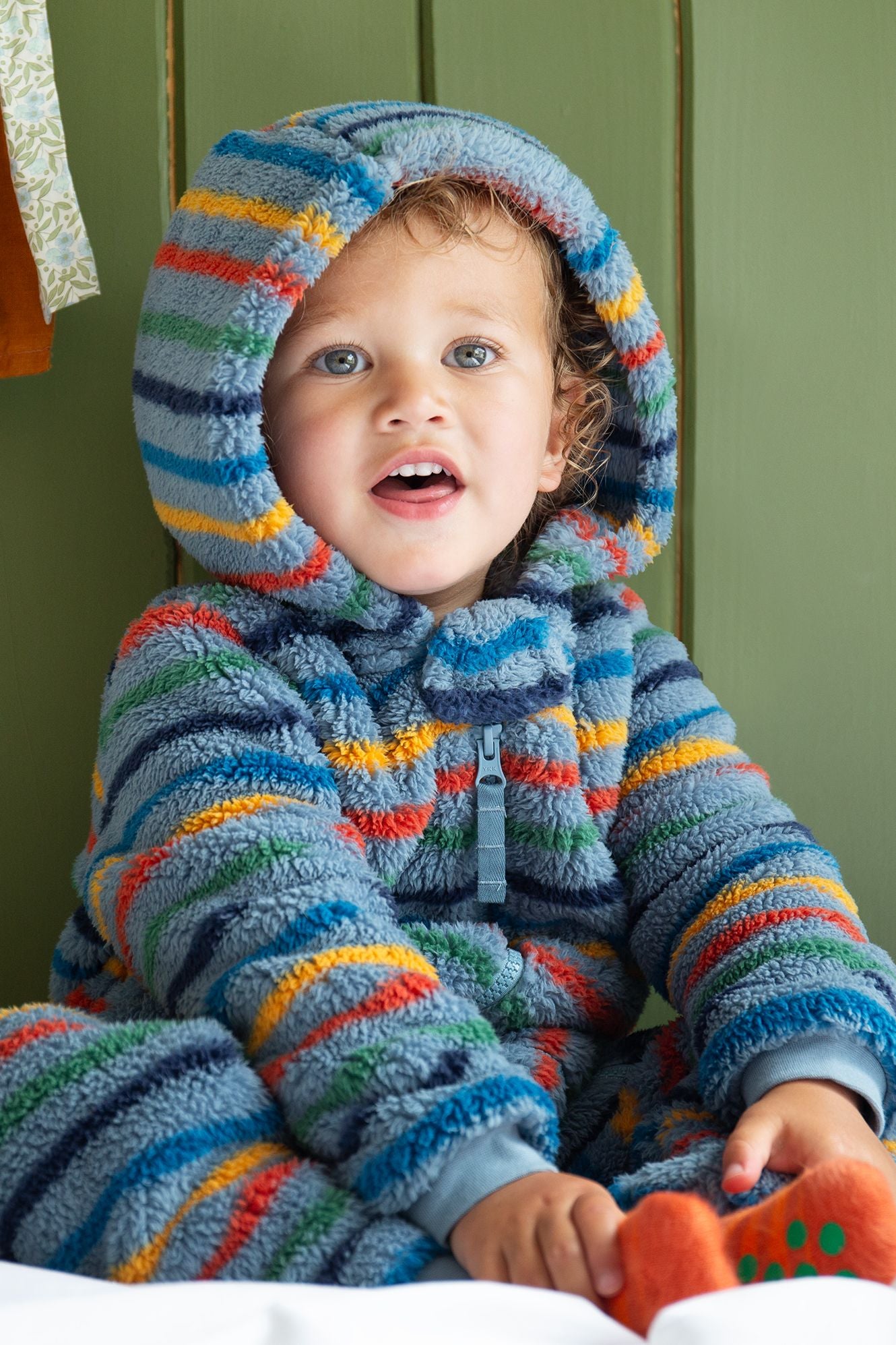 Frugi Cosy Ted Fleece Snuggle Suit Nimbus Rainbow Stripe