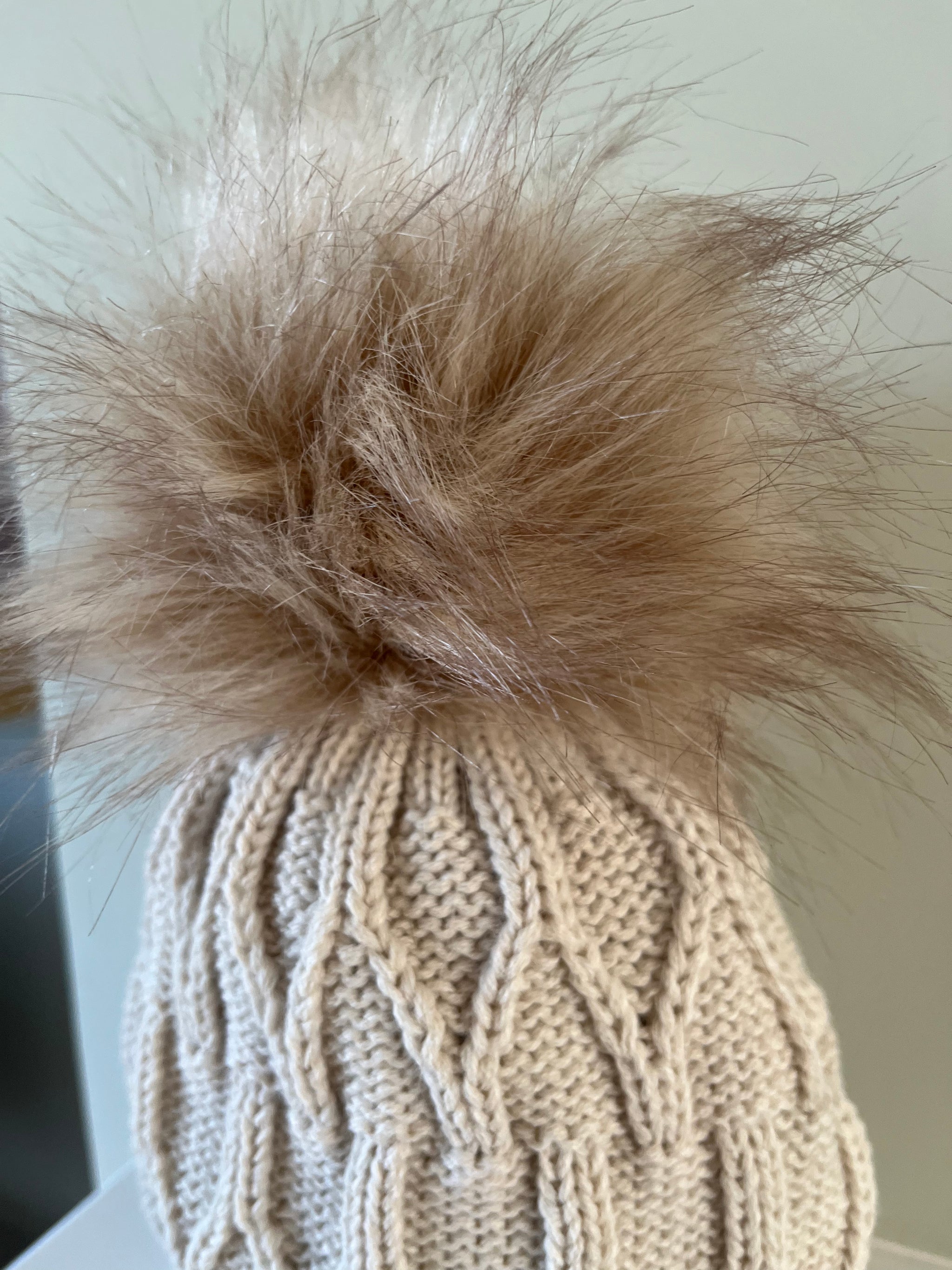 Biscuit Beige Knitted hat with Faux Fur Pom