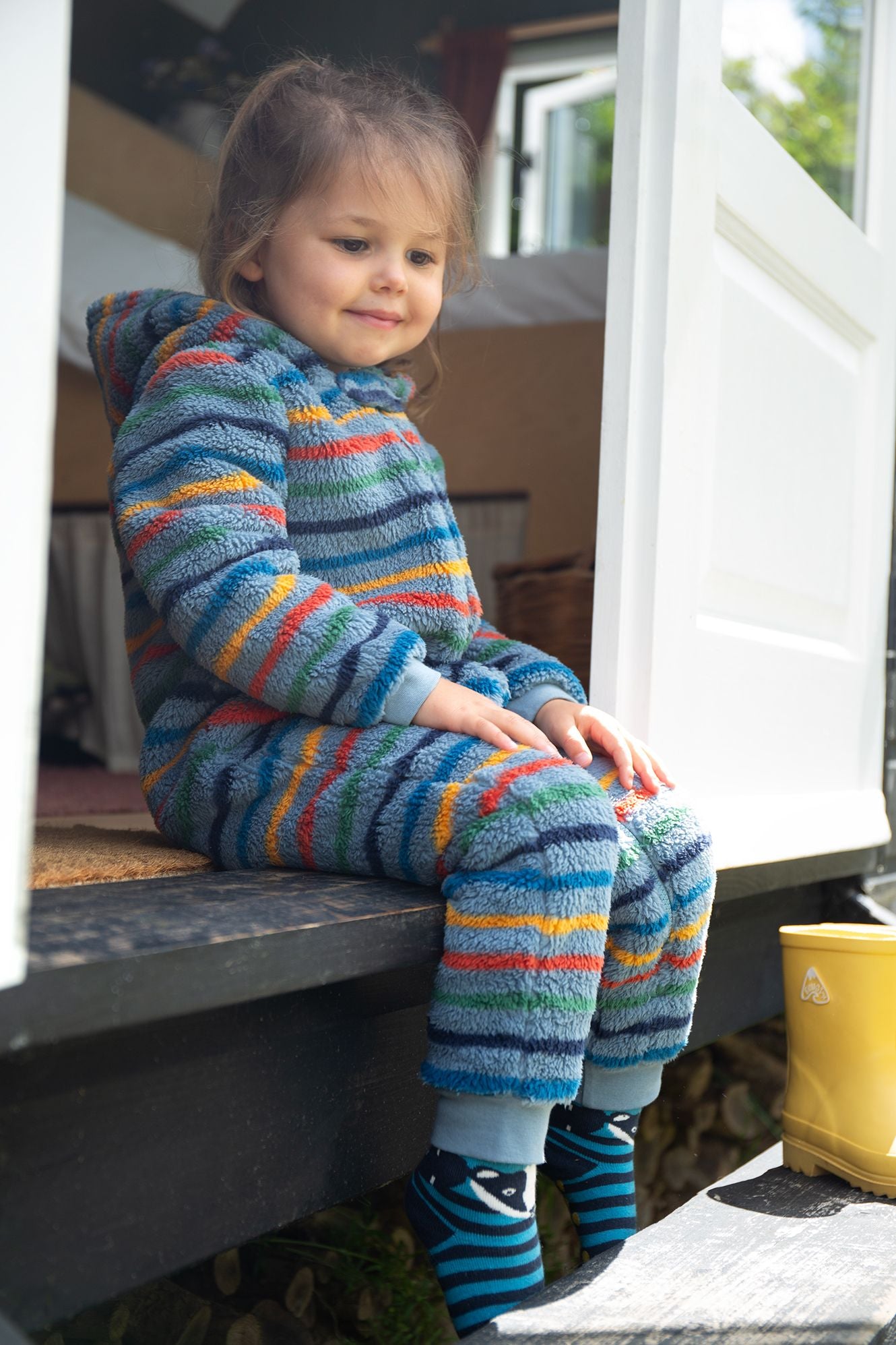 Frugi Cosy Ted Fleece Snuggle Suit Nimbus Rainbow Stripe