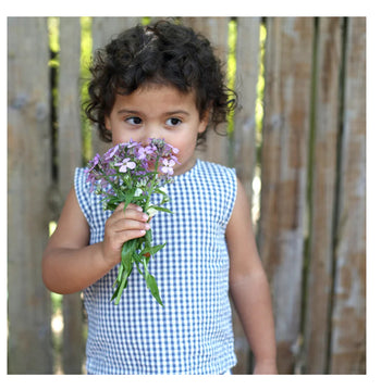 Pigeon Organics Seersucker Check Top  - Dusty Blue