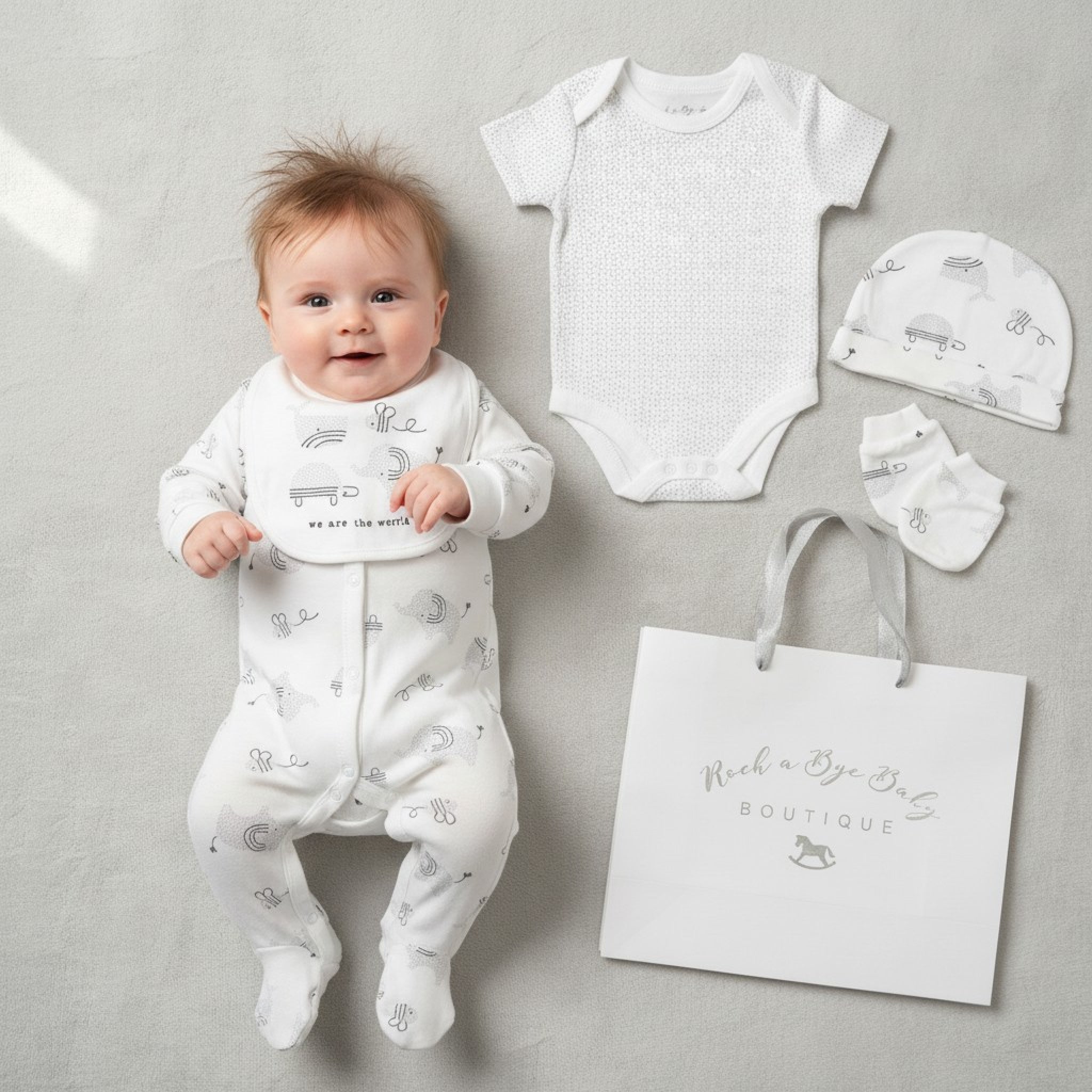 White & Grey 5 piece Gift Set Rock-A-Bye Baby Boutique