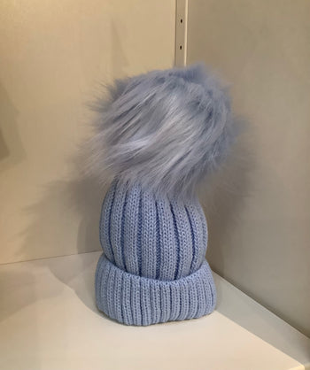 Baby Blue Faux Fur Pom Knitted Bobble Hat Cascade
