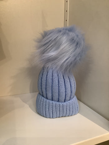 Baby Blue Faux Fur Pom Knitted Bobble Hat Cascade