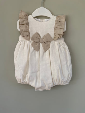 SALE Linen Blend Ivory & Biscuit Bow Romper Outfit Little Nosh