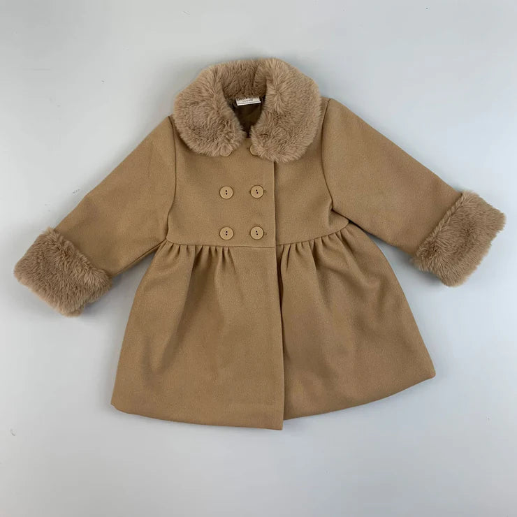 Beige Classic Winter Coat Faux Fur Trim Little Nosh