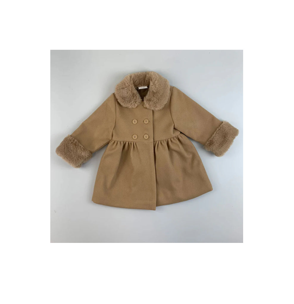 Beige Classic Winter Coat Faux Fur Trim Little Nosh