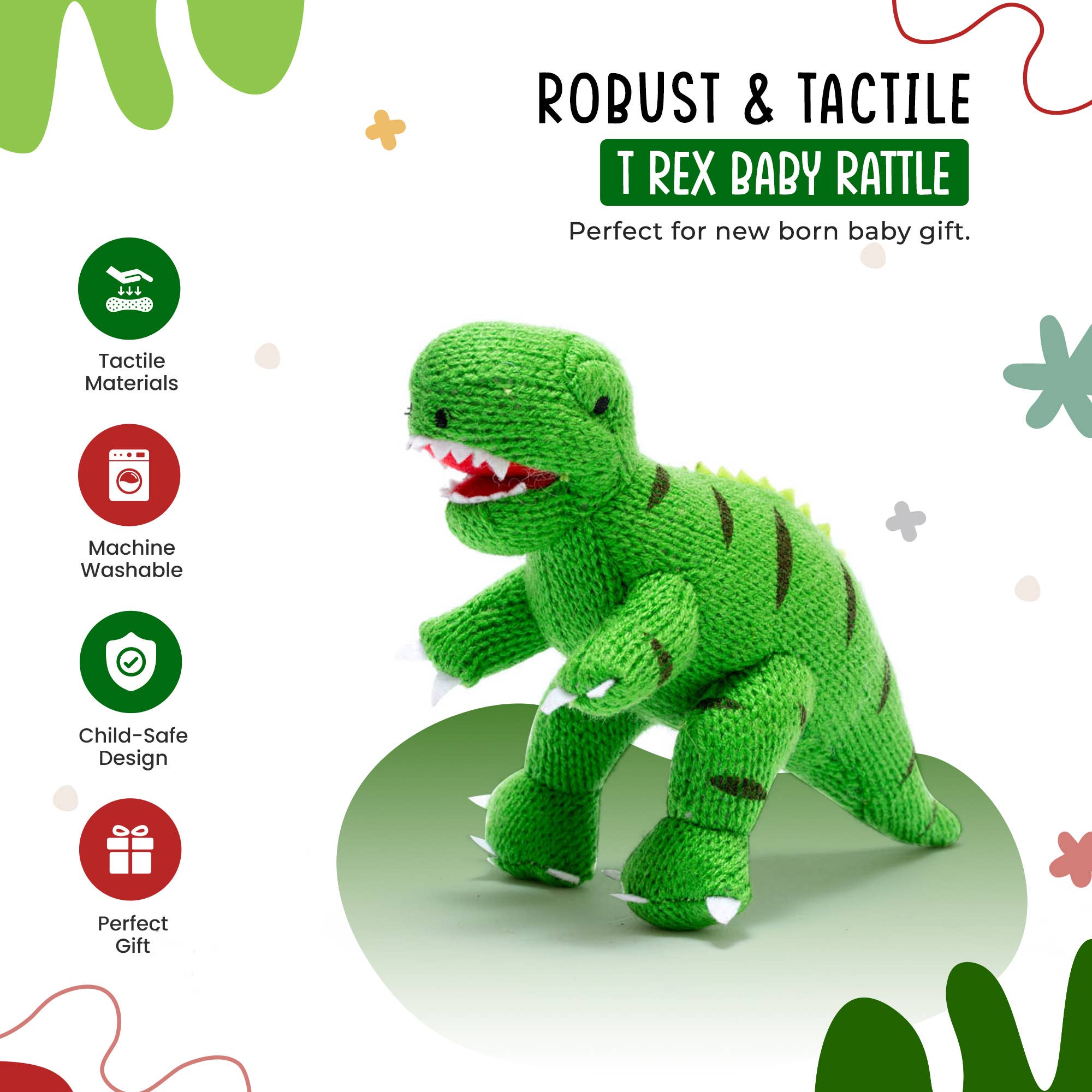 Dinosaur Baby Rattle Knitted T Rex Green