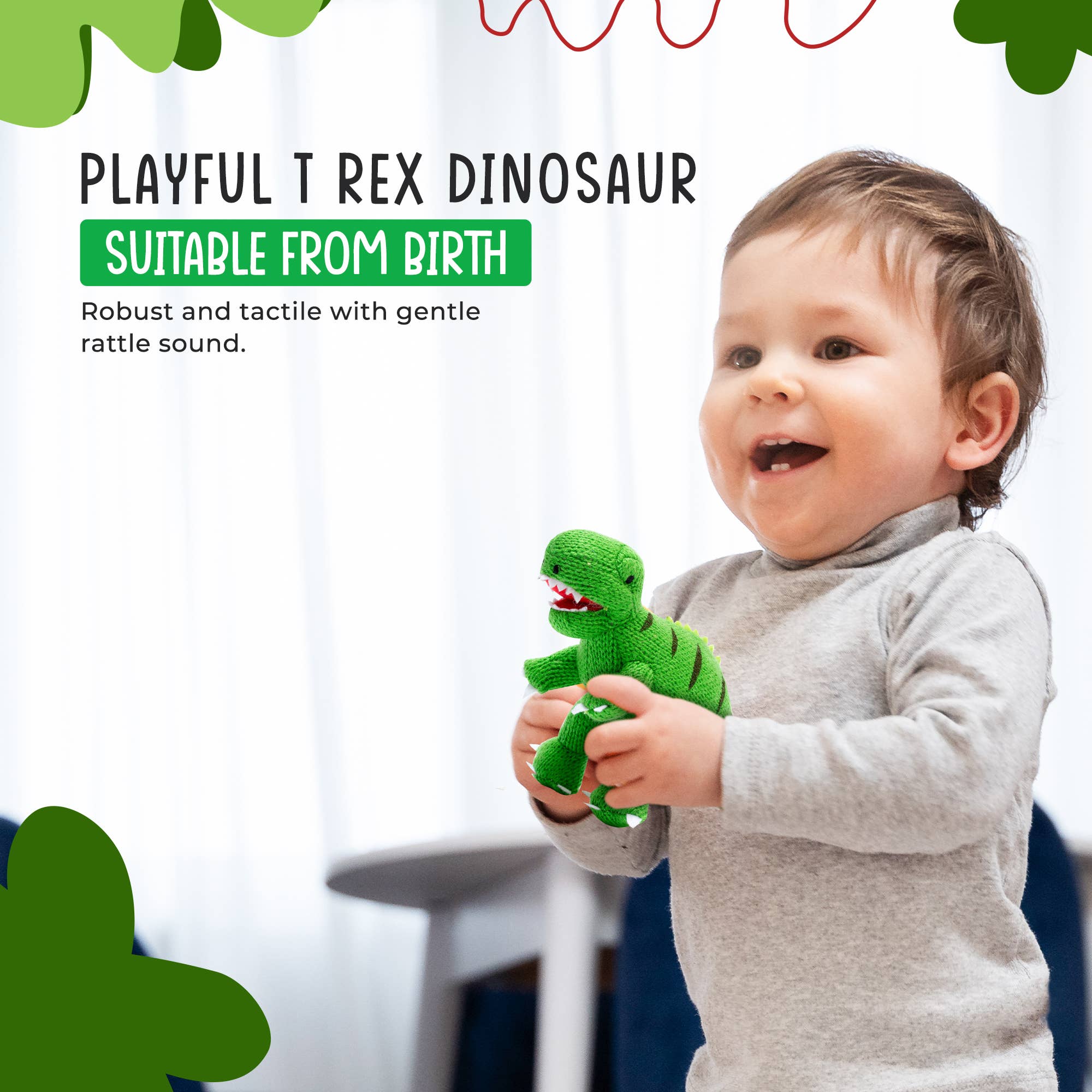 Dinosaur Baby Rattle Knitted T Rex Green