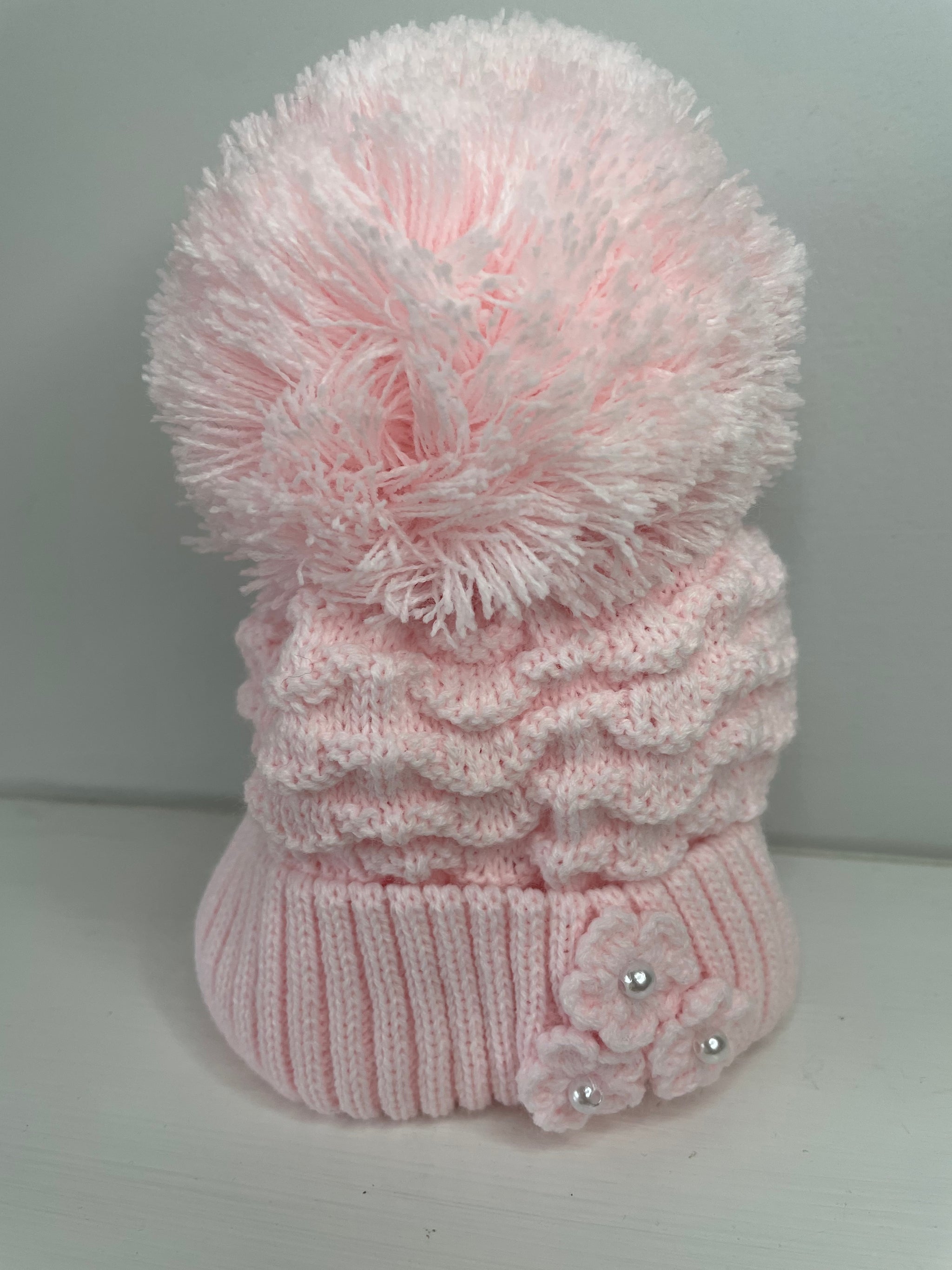 Baby Ripples Pink Pom Knitted Hat