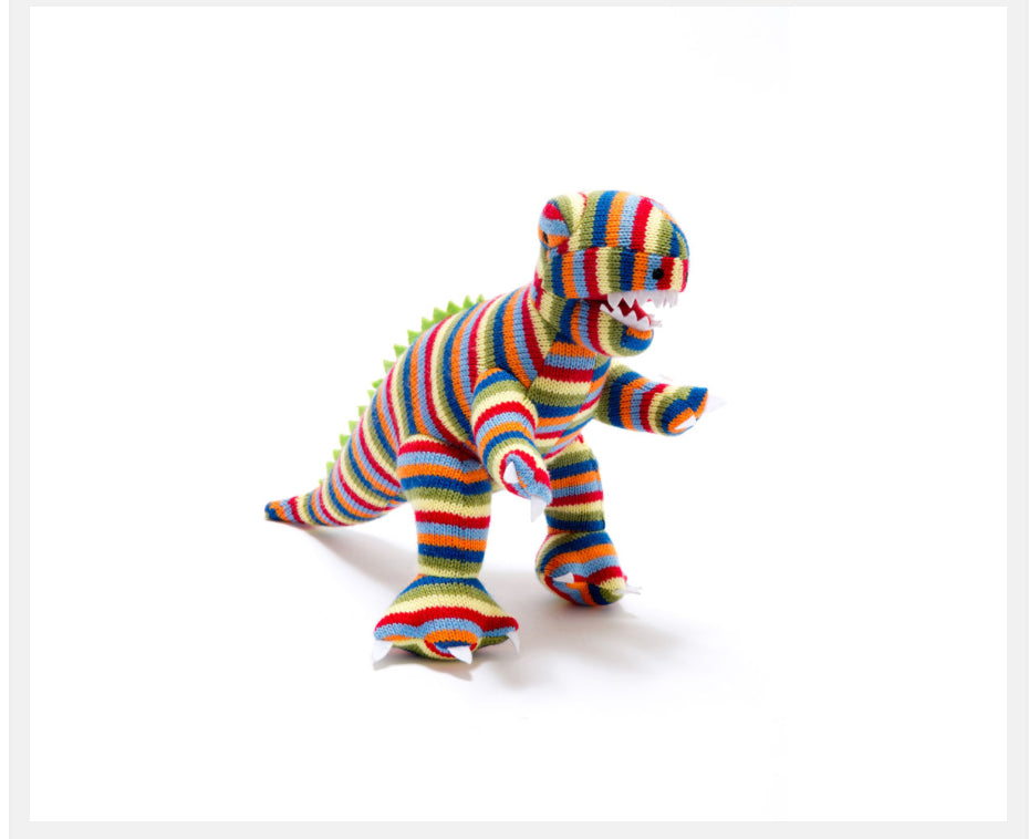 Small Knitted Rainbow Stripe T-Rex Dinosaur Rattle