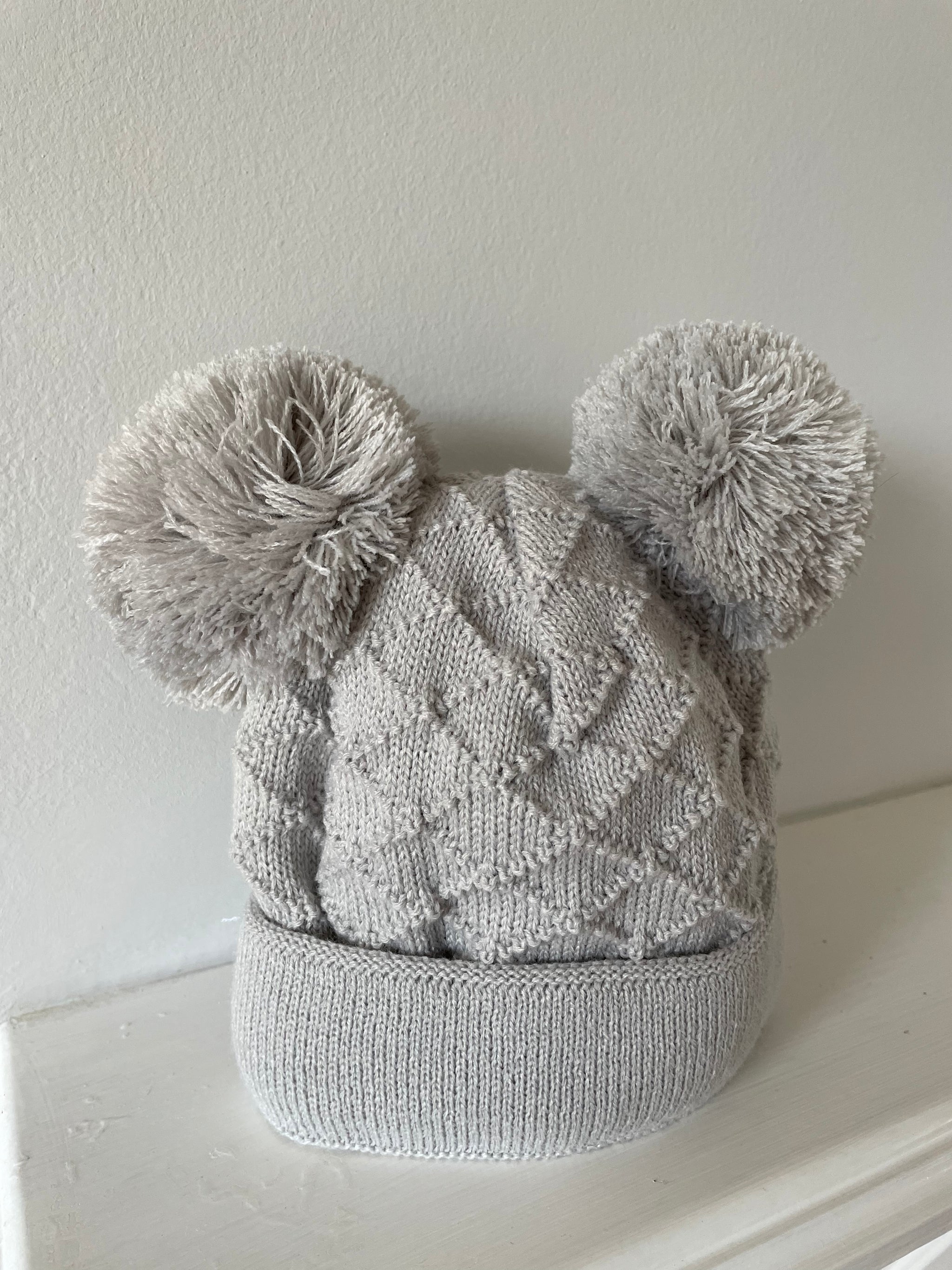 Baby Bobble Hat Grey Hopscotch Double Pom Knitted