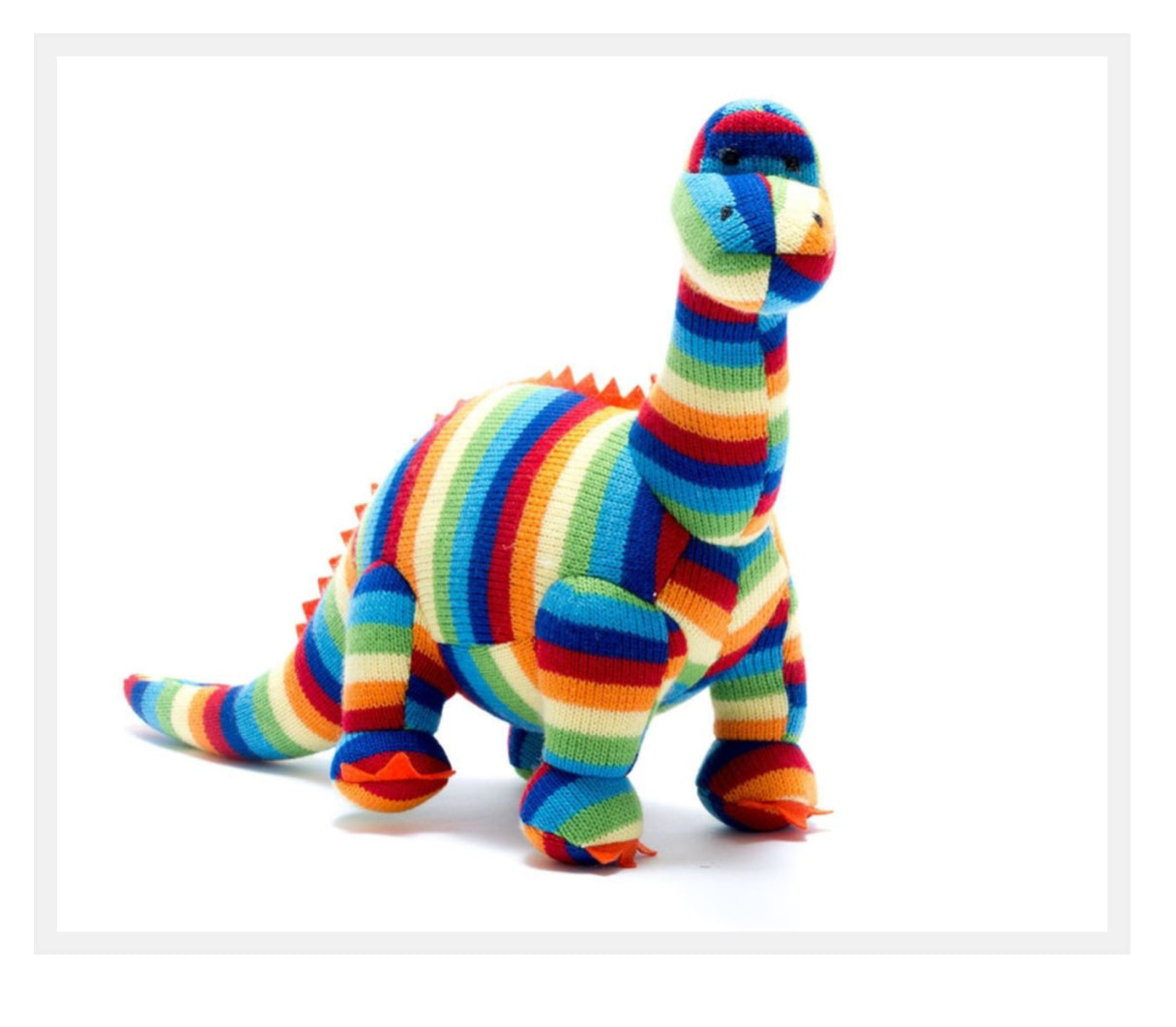 Small Knitted Rainbow Stripe Diplodocus Dinosaur Rattle