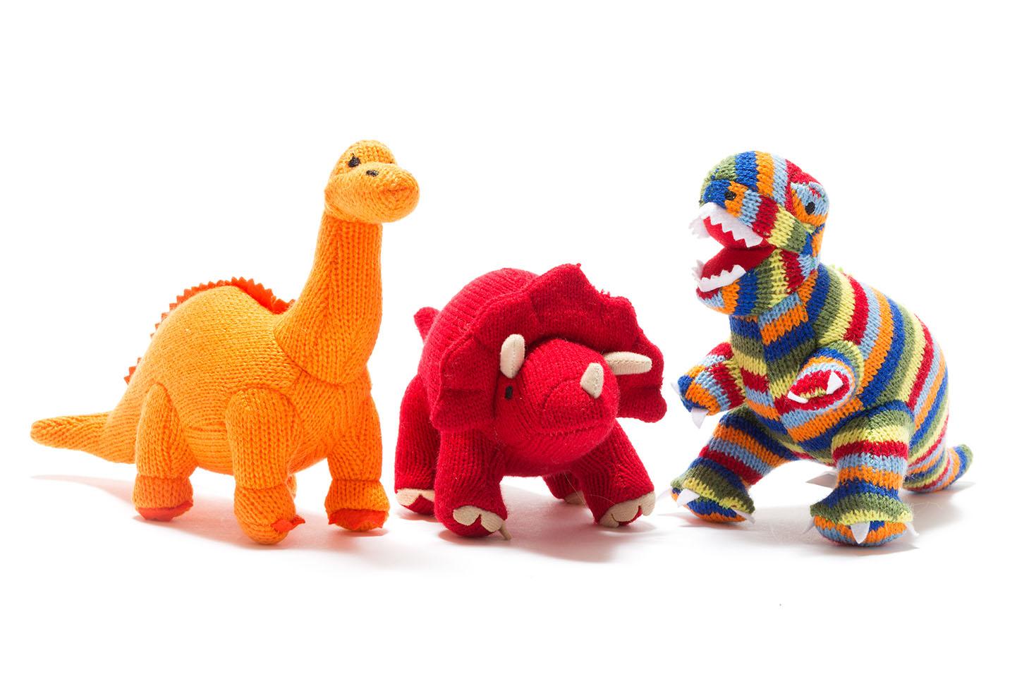 Small Knitted Red Triceratops  Dinosaur Rattle