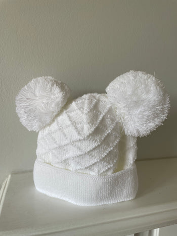 Baby Hopscotch White Double Pom Knitted Bobble Hat