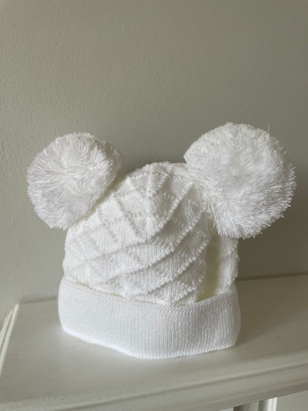 Baby Hopscotch White Double Pom Knitted Bobble Hat