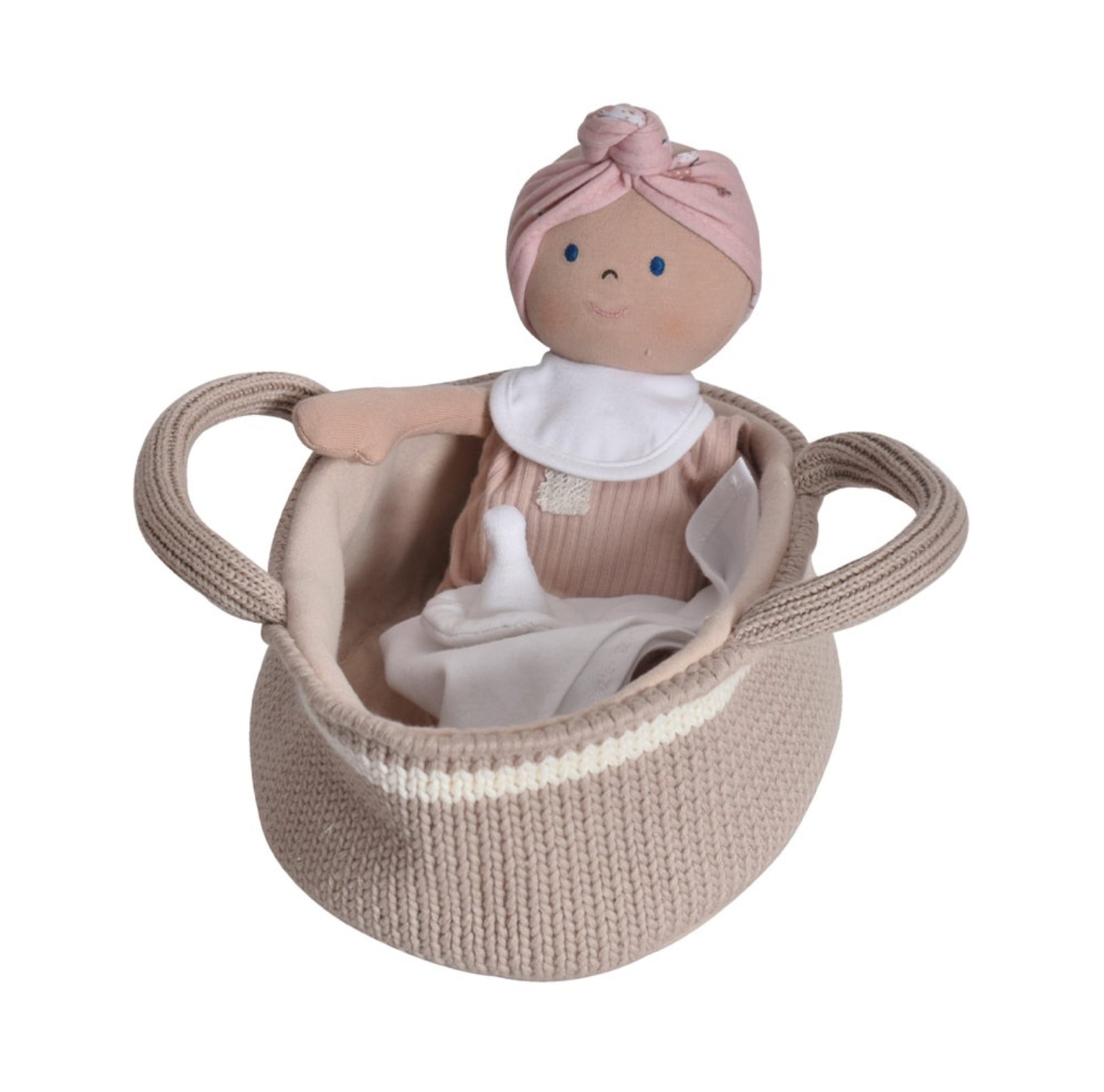 Baby Luna Rag Doll, dummy, bib, blanket & knitted Carrycot Bonikka