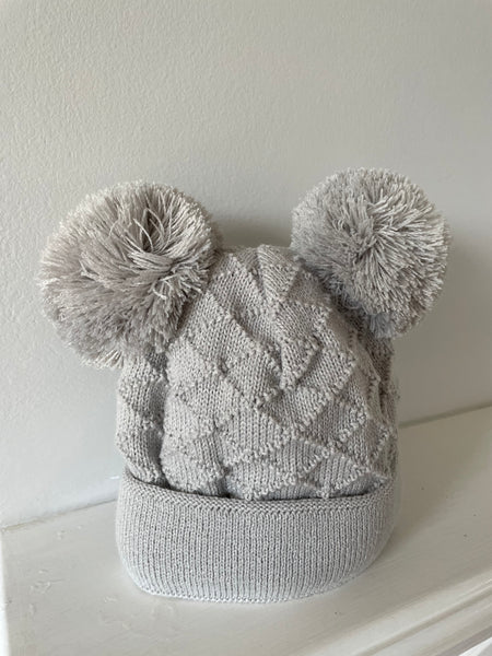 Baby Bobble Hat Grey Hopscotch Double Pom Knitted