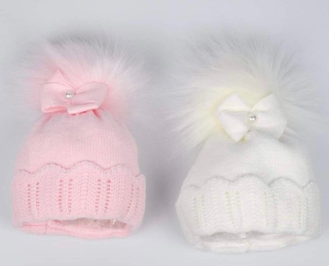 SALE Baby Sensation White Faux Fur Pom Knitted Hat With bow