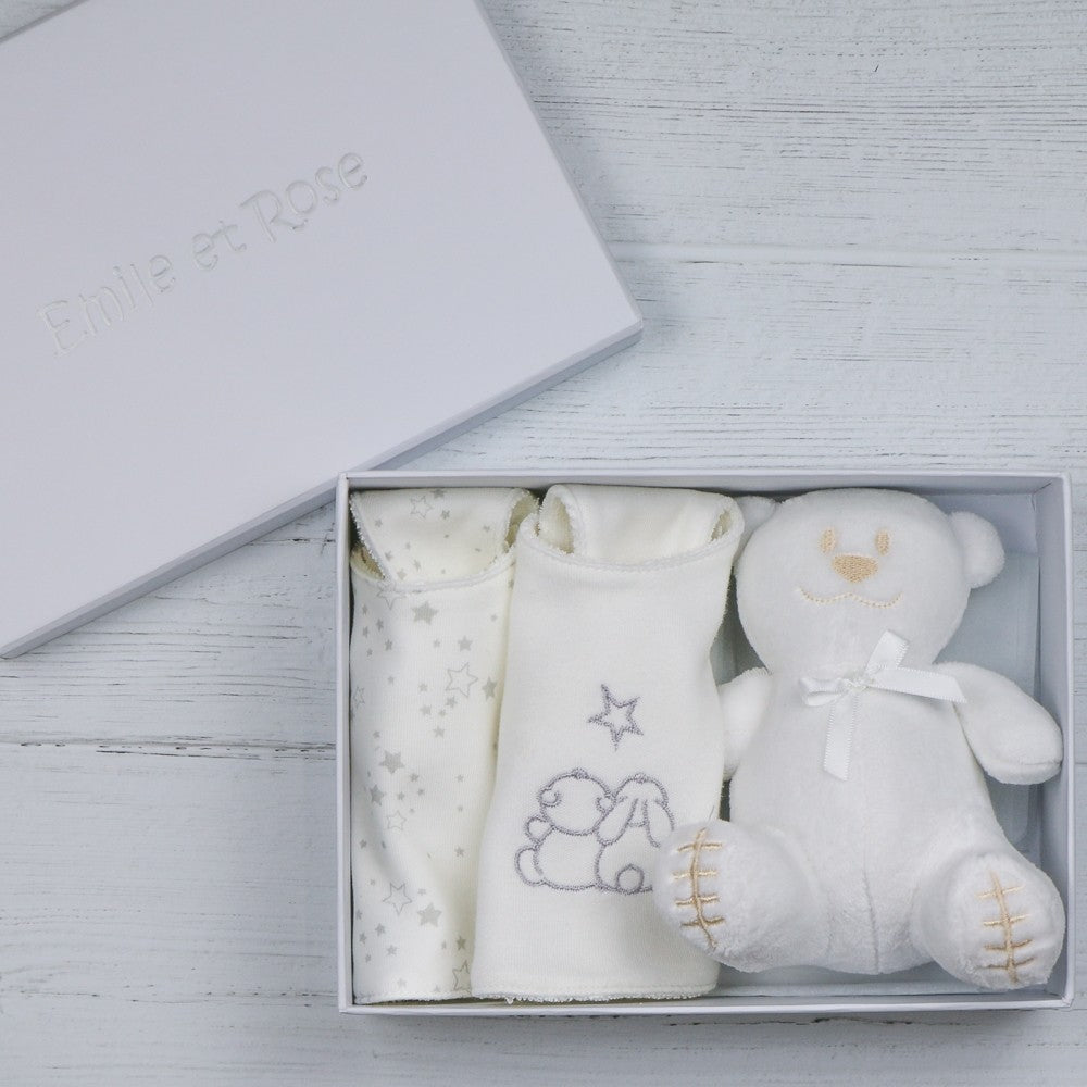 Emile et Rose Baby Teddie Grey Star Print Bib Gift Set