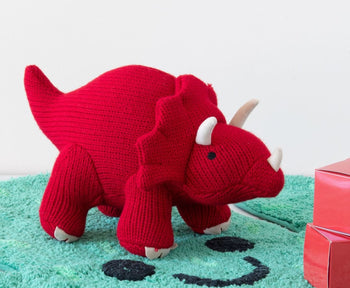 Small Knitted Red Triceratops  Dinosaur Rattle