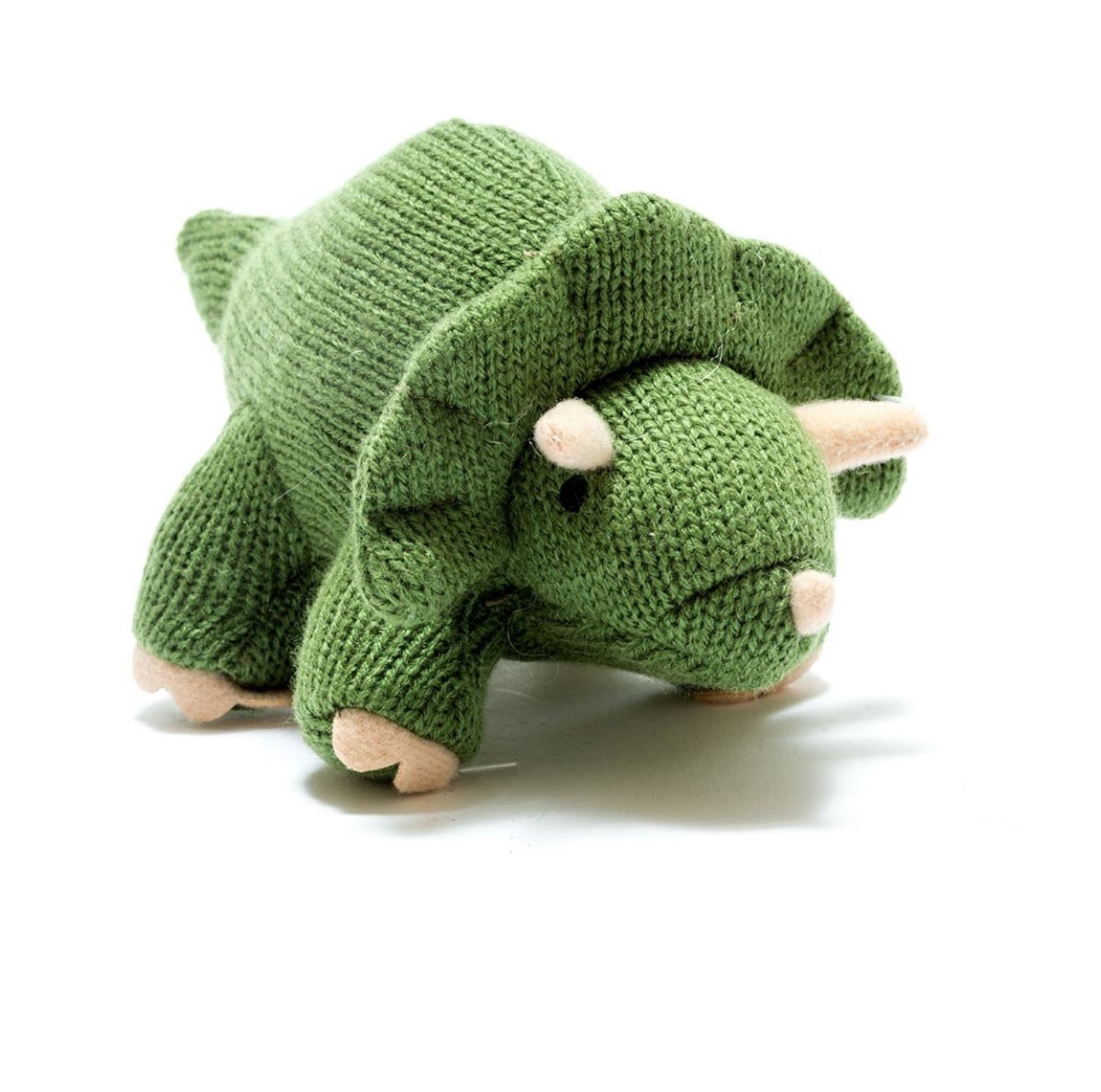 Small Knitted Moss Green Triceratops  Dinosaur Rattle